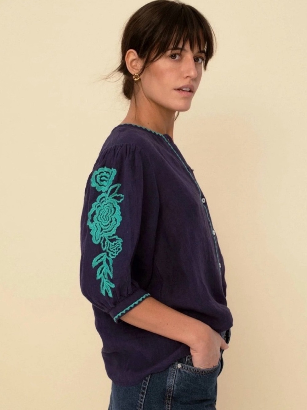 New Sonmer Mily Linen Floral Embroidered 3/4 Sleeve Button Down Blouse